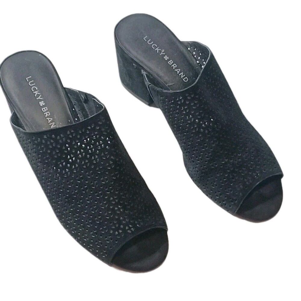 Lucky Brand Women's Black Suede Madeline Laser Cut Perforated Heeled Slip-On...